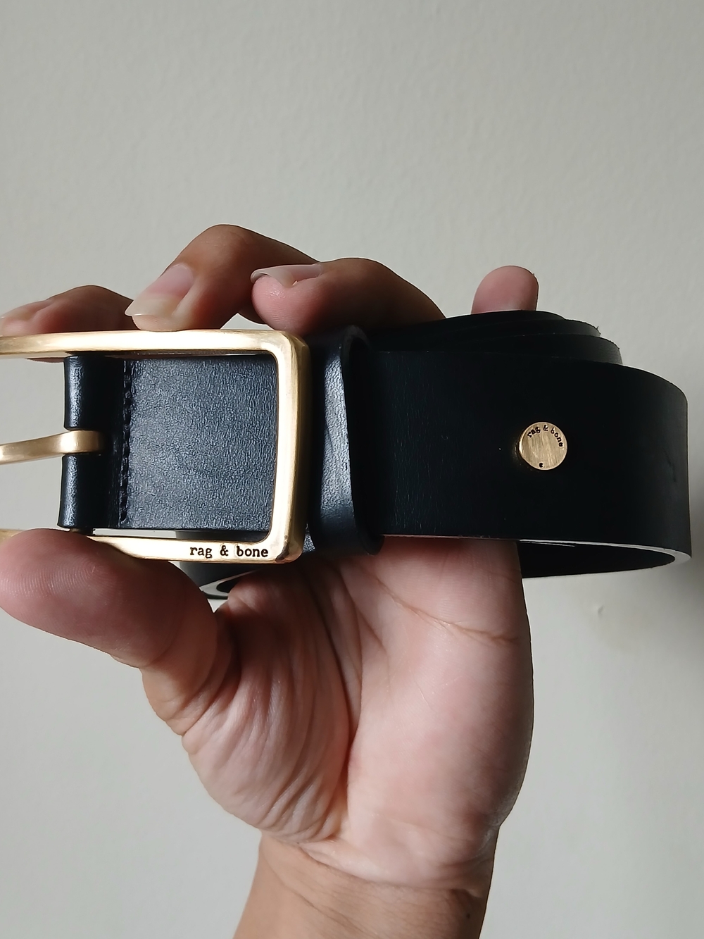 rag & bone Black Leather Belt with Gold Buckle